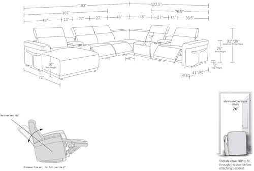Blackjack Furniture Riccardo 8-Piece Power Reclining Sectional Couch for Living Room with 3 Recliner Seats and 2 Storage Consoles, Top-Grain Italian Leather, Left-Facing Corner Sofa, Black : Home &amp; Kitchen