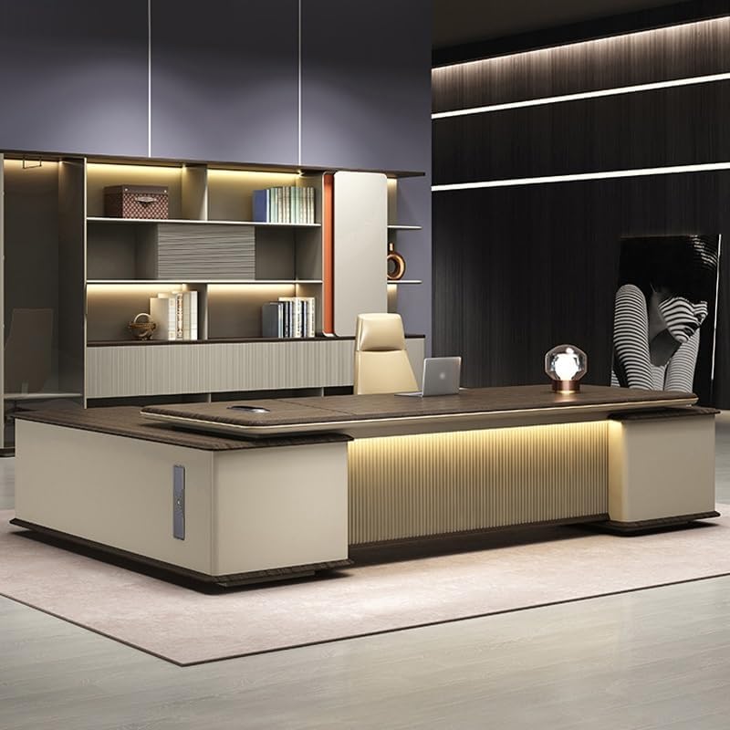 Modern Luxury L-Shape Executive Desk with Light Strip, L-Shape Writing Desks Boss Table Home Office Furniture with File Cabinet Storage Drawers, Computer Desk for Home Office : Home &amp; Kitchen