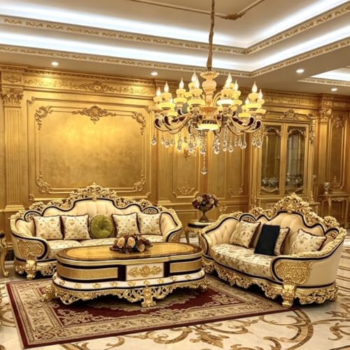 Style Carved Wood Sofa, European Classic Fabric Couch with Tufted Backrest, Luxury Living Room Furniture : Home &amp; Kitchen