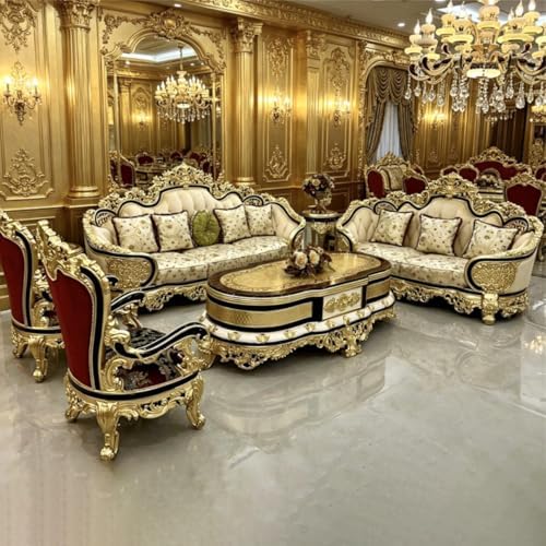 Style Carved Wood Sofa, European Classic Fabric Couch with Tufted Backrest, Luxury Living Room Furniture : Home &amp; Kitchen