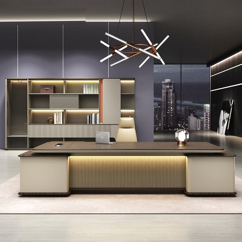 Modern Luxury L-Shape Executive Desk with Light Strip, L-Shape Writing Desks Boss Table Home Office Furniture with File Cabinet Storage Drawers, Computer Desk for Home Office : Home &amp; Kitchen