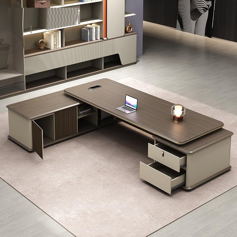 Modern Luxury L-Shape Executive Desk with Light Strip, L-Shape Writing Desks Boss Table Home Office Furniture with File Cabinet Storage Drawers, Computer Desk for Home Office : Home &amp; Kitchen