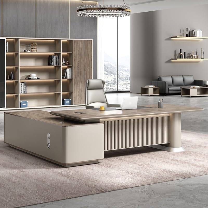 Modern Executive Desk Modern L-Shape Office Executive Desk, 102.3in Luxury Wood Computer Business Desks with Secure Drawer, Boss Table Office Furniture, CPU Cabinet and Cord Management Without Chairs : Home &amp; Kitchen