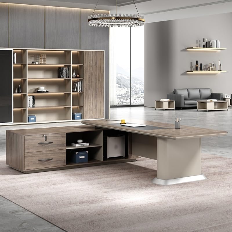Modern Executive Desk Modern L-Shape Office Executive Desk, 102.3in Luxury Wood Computer Business Desks with Secure Drawer, Boss Table Office Furniture, CPU Cabinet and Cord Management Without Chairs : Home &amp; Kitchen