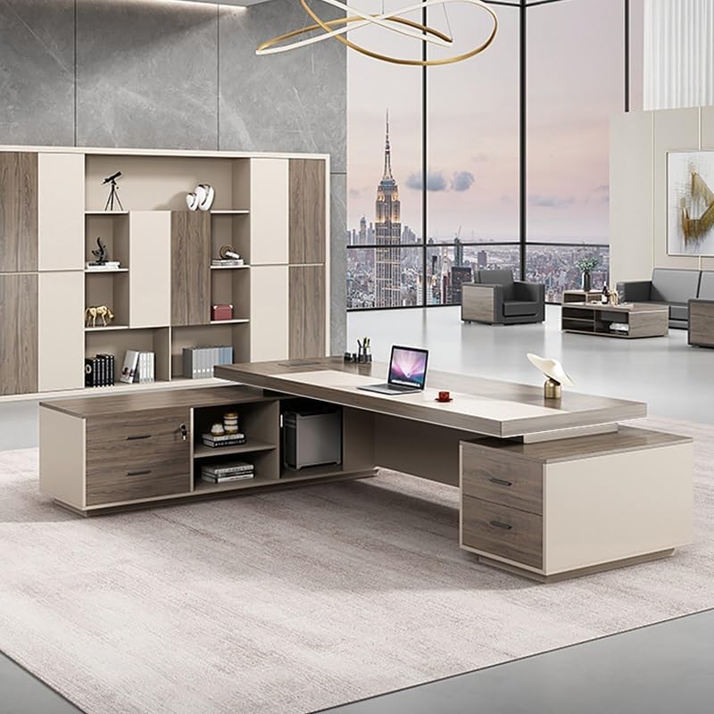 Modern Executive Desk Modern Executive Desk, L Shaped Gray Wood Large Home Office Computer Table, Luxury Business Furniture Desk Workstation with Drawers, Cable Management, Without Chairs for Business : Home &amp; Kitchen