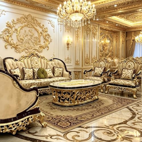 Style Carved Wood Sofa, European Classic Fabric Couch with Tufted Backrest, Luxury Living Room Furniture : Home &amp; Kitchen